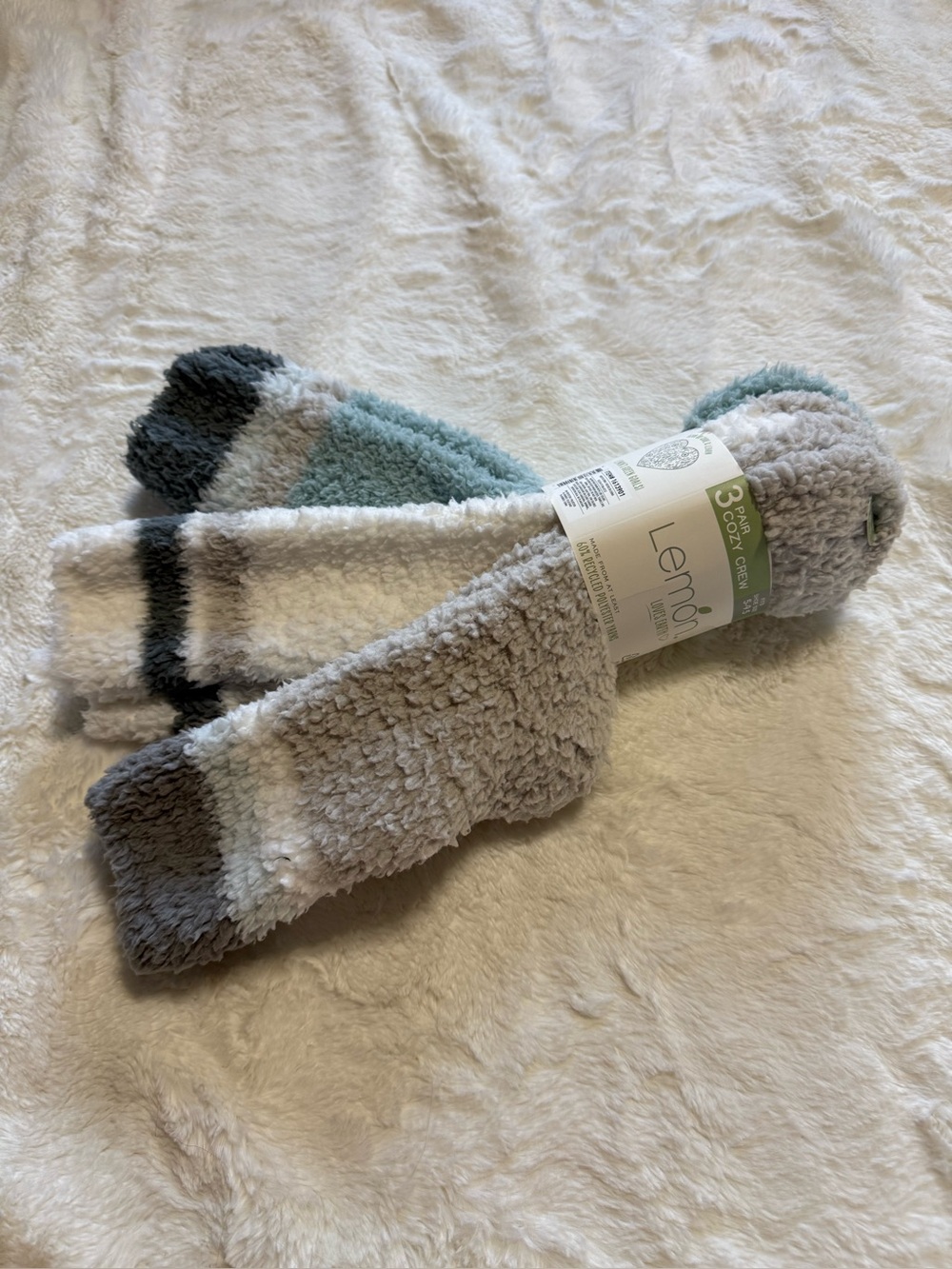 NWT Lemon 3-Pack Plush Cozy Fuzzy Crew Socks - Gray & Teal